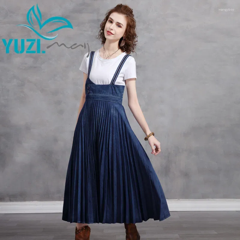 Casual Dresses Summer Dress 2024 Yuzi.May Boho Denim Women Back Zipper Pleated Suspender Vestidos A82291 Vintage Woman Vestido