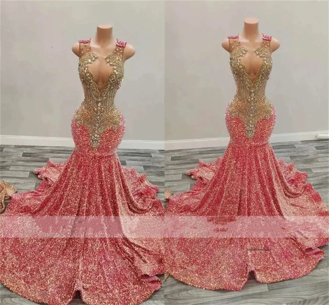 Rhinestones brilhantes vestidos de baile longos rosa para meninas negras 2024 Diamond Diamond Mermaid Vestres 0431