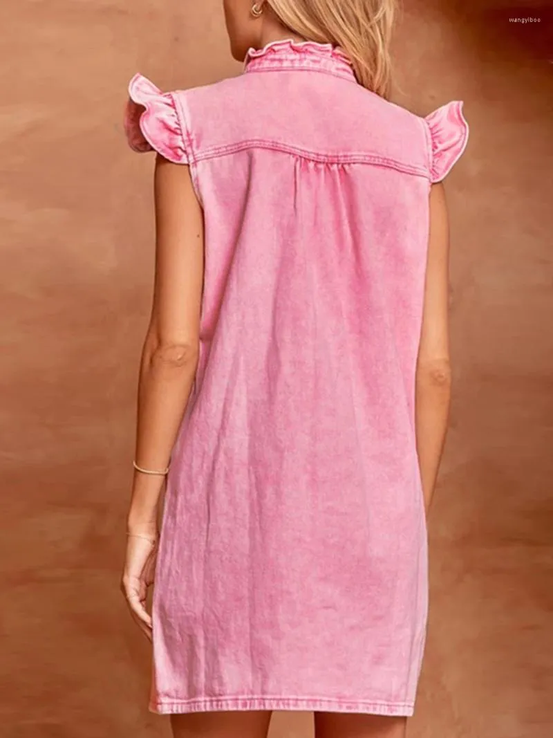Lässige Kleider Frauen ärmellose Tankkleid Sommer Fliegerhülle Rüschenkragen Button Down Cotton Denim Kurzstrand Sunddress