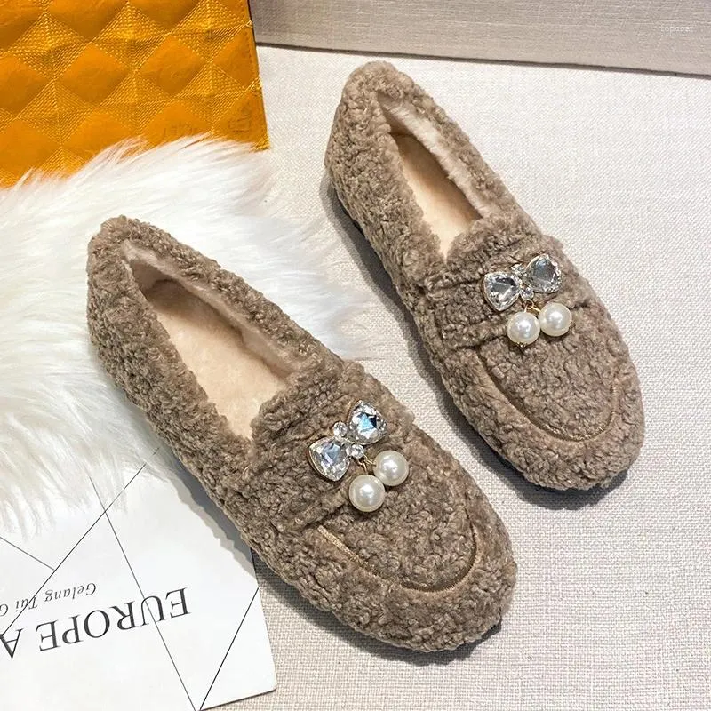 Casual schoenen Pearl decoratie Round Toe damesplatform slip-on vrouwelijke sneakers loafers met bont herfst klompen winter m