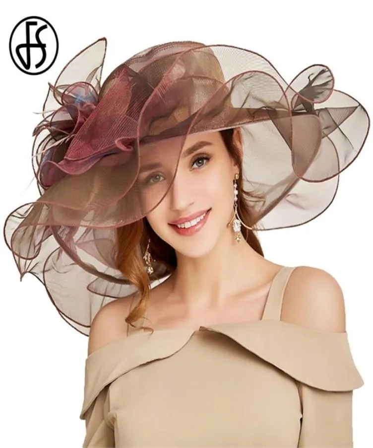 FS Organza Summer Church Hats for Women Elegant Stora Wide Brim Ladies Vintage Fedoras With Big Flower Pink Beach Hat Y2007146217301