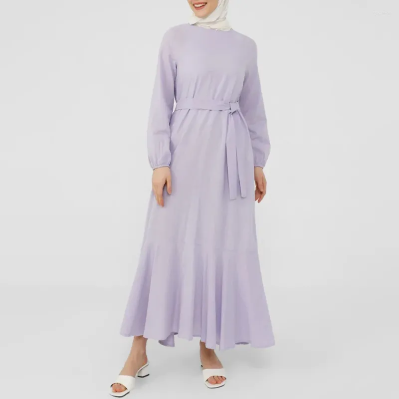 Ethnische Kleidung Abaya Dubai Elegante lila Fischschwanzkleider für Frauen Langarm loser muslimischer Maxi weiblicher Sonnenbrenner O-Neck Islam Robe 2024