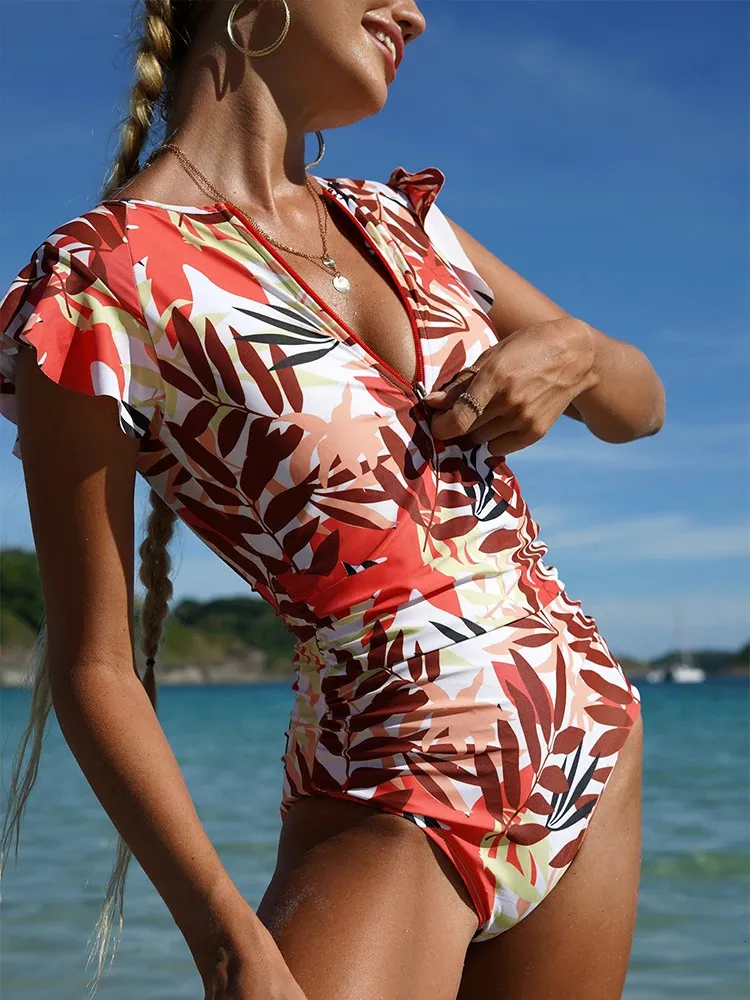 Vintage Print Womens Swimsuit One Piece Zipper Ruffle Szyborki Kobiety Sexy High Cut Monokini Bathing Suits Surf Beachwear 240416