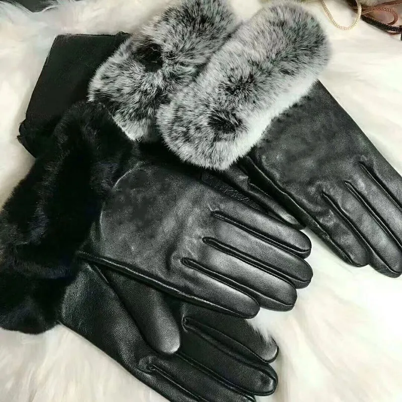 Designer Luxury Womens Winter Leather Gloves Plush Touch Screen