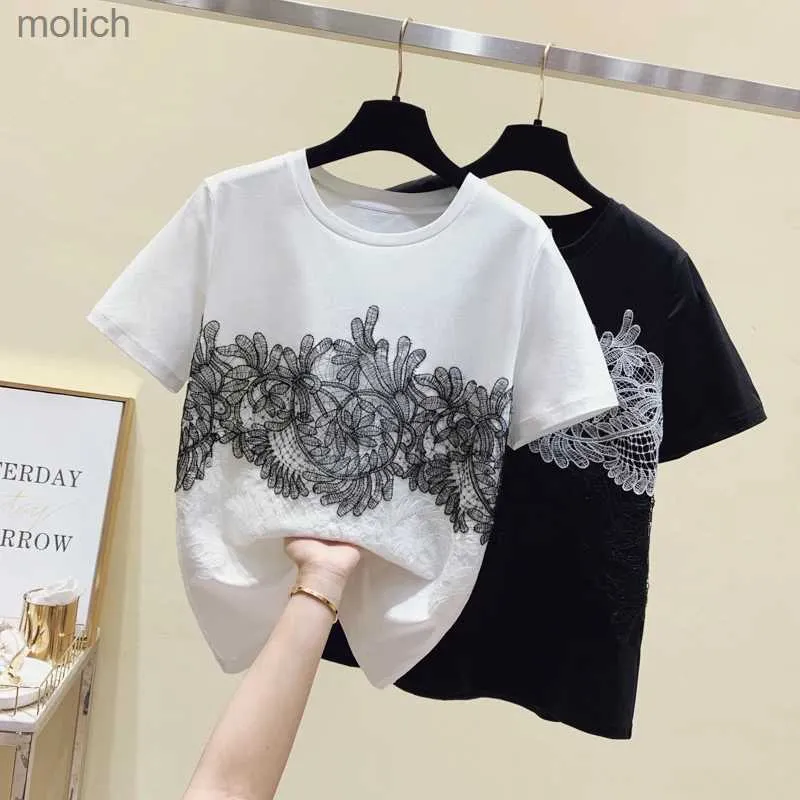 Kadın T-Shirt Yaz Yeni Dantel Patchwork Petal Sleep Outk Kısa Kollu Tişört Kadınlar İçin Moda Gevşek Gevşek Renk Vintage Gömlek Topwx