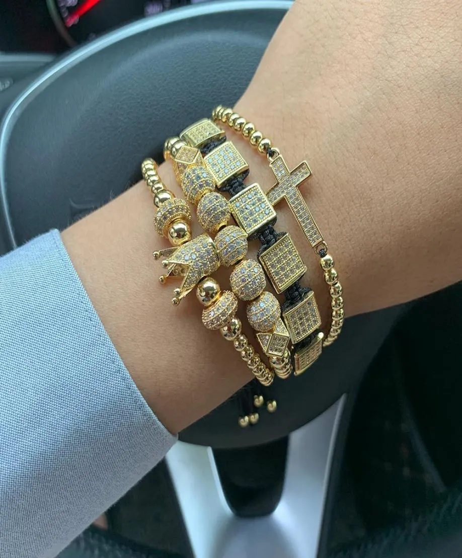 4pcs / set Luxury CZ Gold Crown Charm Bracelet Bracelet Perles de cuivre Bracelets Macrame Bracelets pour les accessoires pour hommes LJ2003231853103