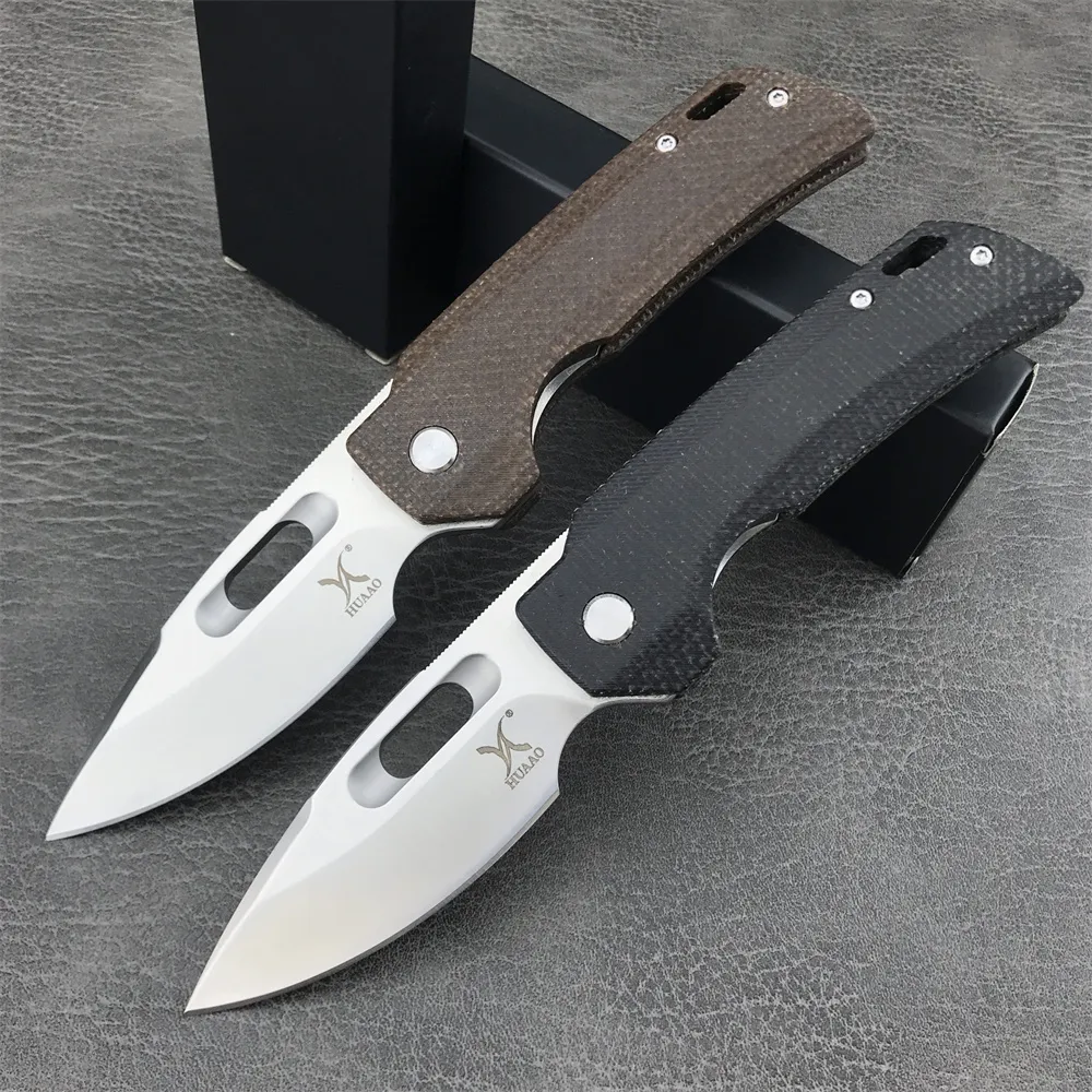 HUAAO GC002 Outdoor Folding Knife 8Cr13Mov Drop Point Blade Black/Brown Flax Handle High Hardness Multi-functional Tactical Rescue Tool GC003