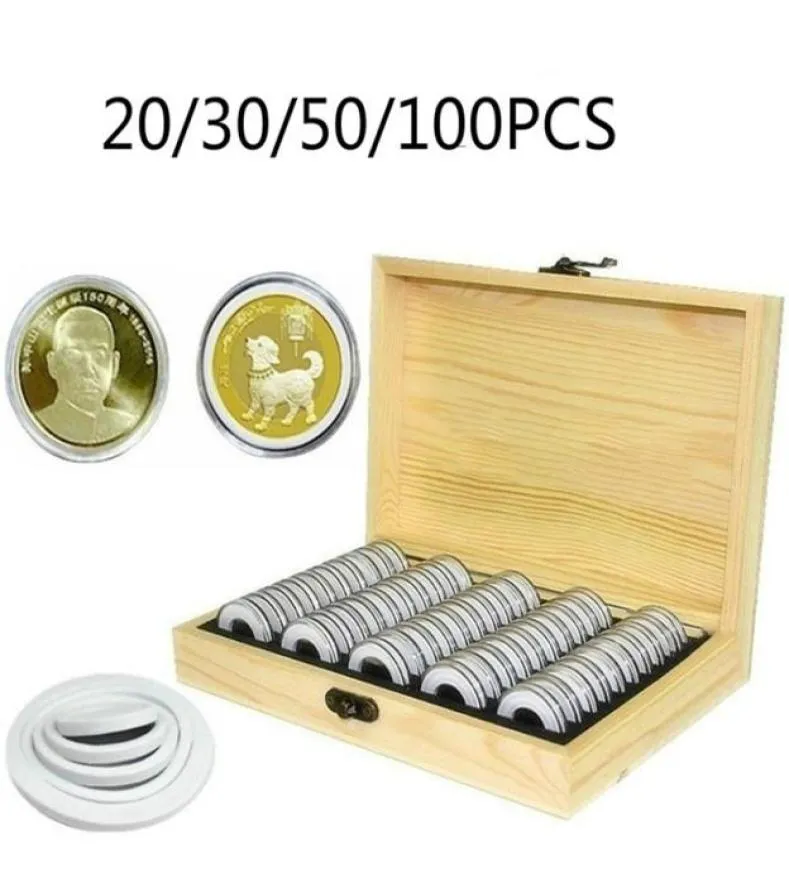 Pin Wood Coin Holder Coins Anneau Boîte de rangement en bois 203050100pcs Capsules de monnaie pour collection Corbands à collectionner Box 28708329