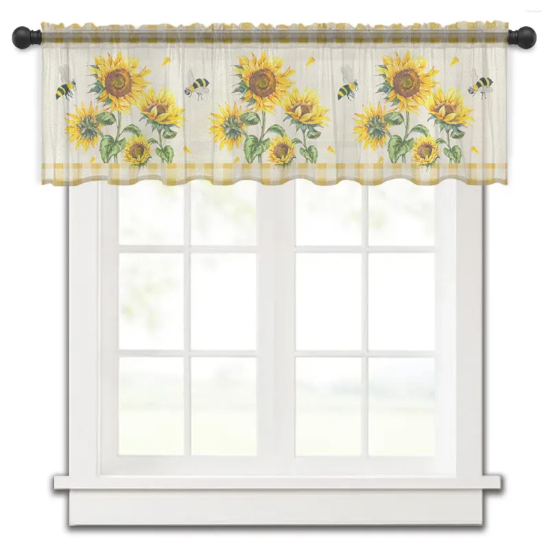 Curtain Farm Gunflower Bee Retro Plaid Janela Pequena Janela Tule pura do quarto curto quarto Decoração de casa Decoração de Voile Drapes