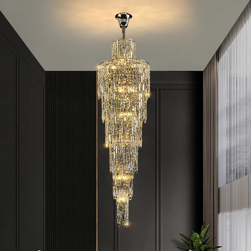 Villa salon Crystal Chandelier Light Luxury Lighting Duplex Floor to Floor Rotating Escair Long Chandelier Decoration