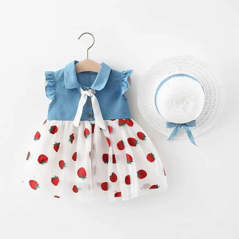 Kız Elbiseleri Yaz Bebek Kız Elbise Giysileri Setleri Toddler Bebek Baskı Prenses Elbiseler 1 Yıllık Kız Doğum Giysileri Şapka Bebek Takımları