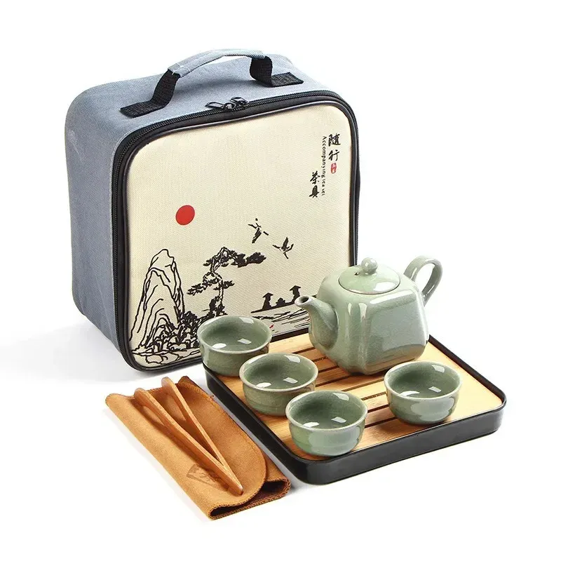 Przenośny ceramiczny zestaw herbaciania z torbą Teapot Travel Gajwan Tea filiżanki ceremonii Chińskie kung fu Teaset 240428