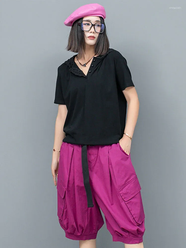 Femininos femininos Lyuzhe 2024 Women Summer estabelece uma camiseta preta de renda preta sola com capuz de capa do joelho roxo calças de duas peças HLX022B