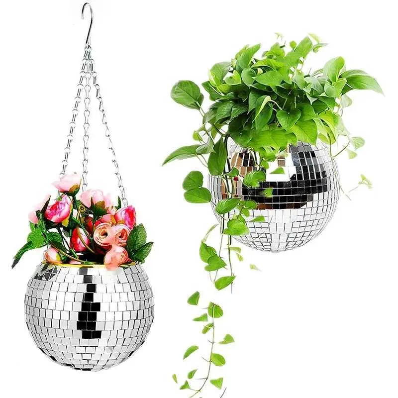 Plantadores Pots Disco Ball Flor Pot espelhado pendurar cesta de cesta de vaso de planta interna Jardim Decorativo Q240429