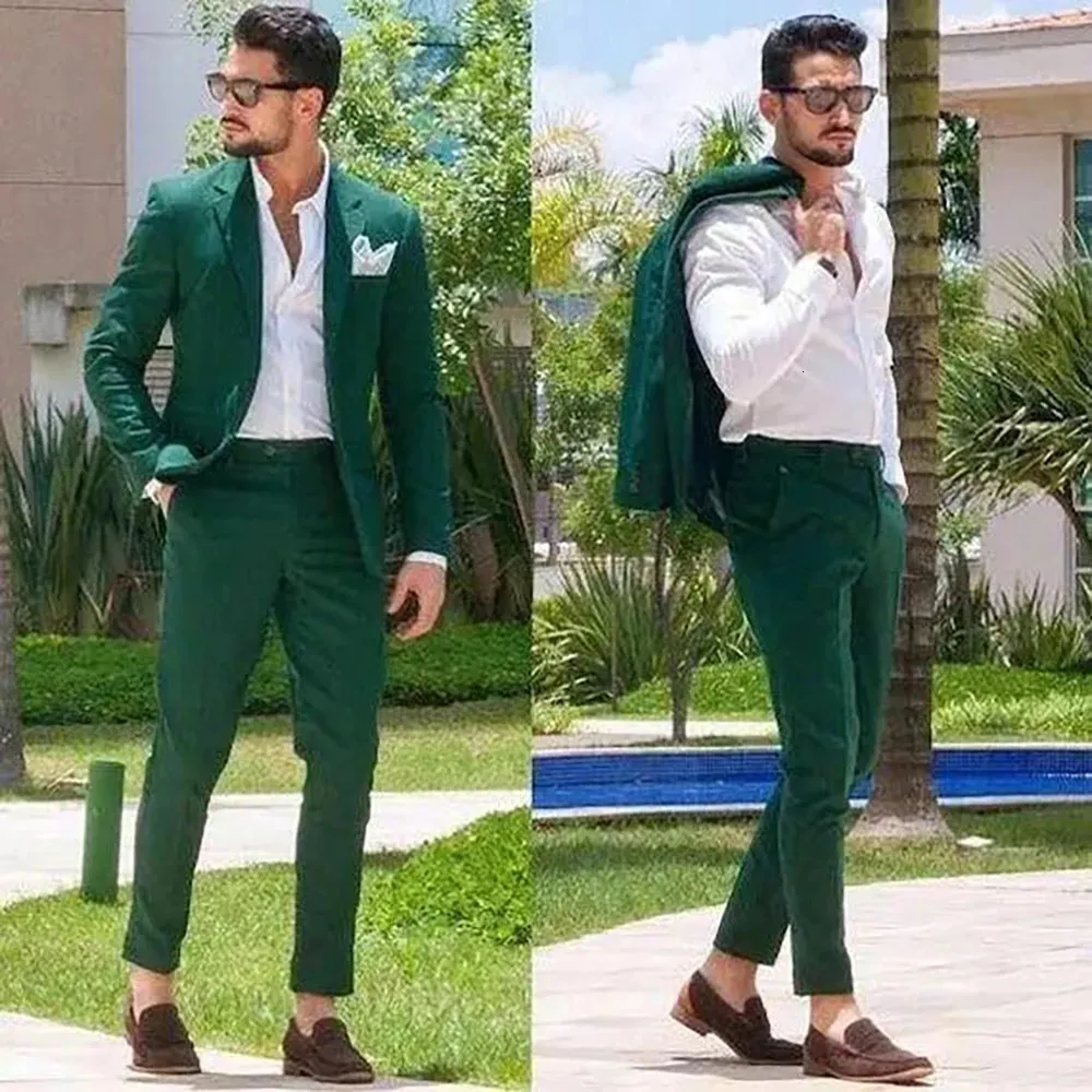Highend Green Men Suit Twopiecesjacketpants Sil Slim Fit Fashion Handsome masculin Formal Clothing 240430