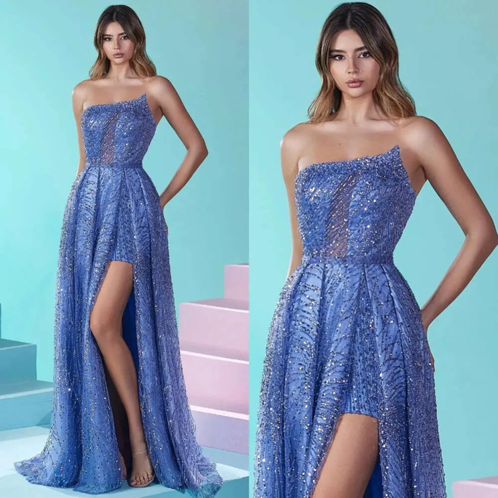 PromMraire Crystal Evening Beads bleu Élégant gaine Illusion Robes formelles paillettes pour OCN spécial Split Robe de Soiree