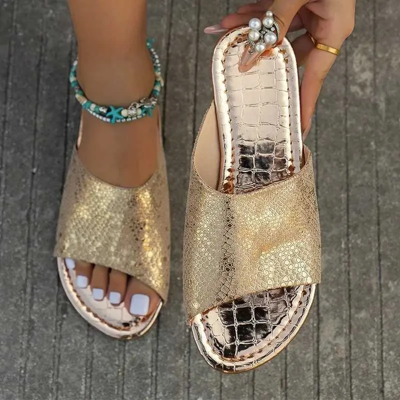 Slippers Open Toe Bling Women Flats Sandals Summer New Designer Slingback Flip Flops Fashion Beach Slides H240430