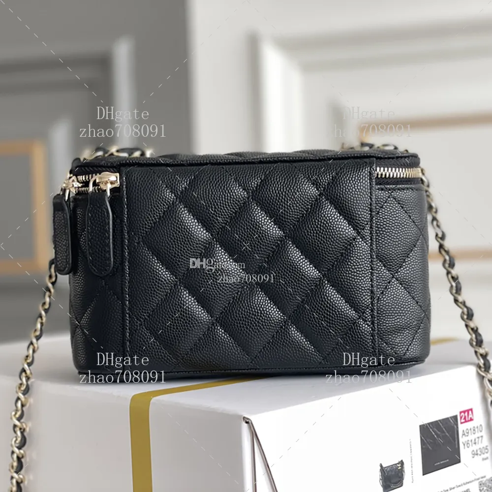 Designer Genuine Leather Black Vanity Bag With Chain Strap