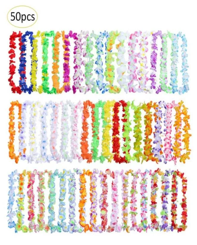 50шт Hawaiian Leis Garland Искусственное ожерелье Hawaii Flowers Party Supplies Пляжный веселый венок DIY Рождественский подарок свадебные украшения 8855911