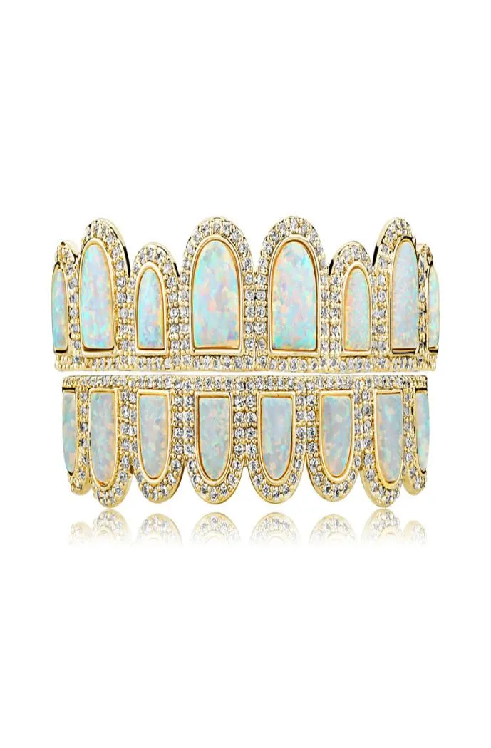 Hip Hop Iced Out Zircon Teeths Grillz Natural Opal Gem Stone Brass Real Gold plaqué Grills4767154