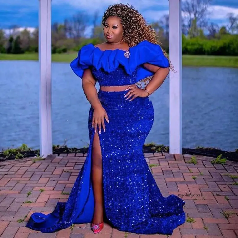 African Formal Dresses Royal Blue Two Piece Evening Gown: Off