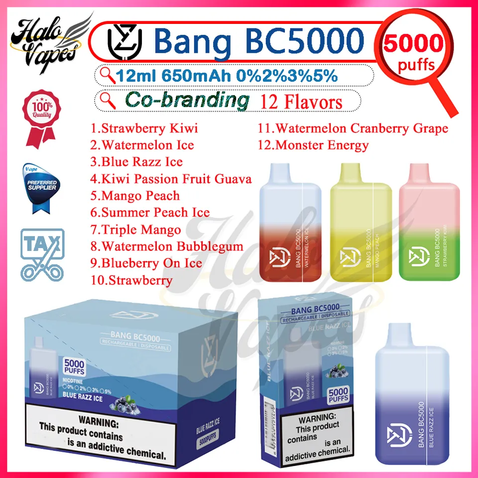 Uzy bang BC5000 Puffing Vapes Disposable Pen 0% 2% 3% 5% Force 12 ml POD PREFILET 650mAH Battre de batterie rechargeable Bobine 5K Puffes E Cigarette