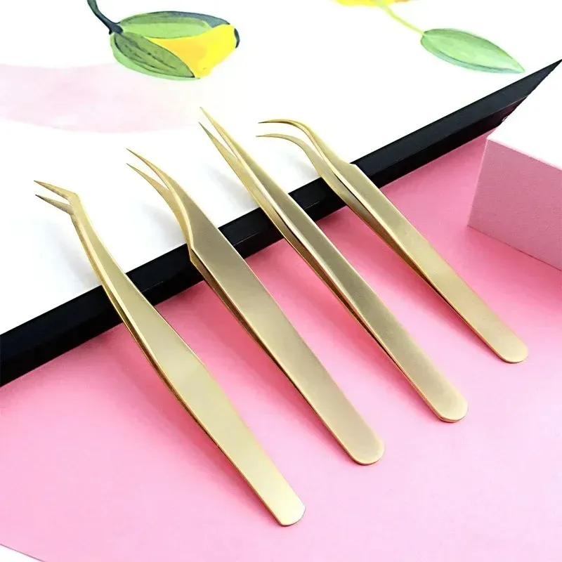 4pcs Tweezers plaqué or 4pcs Kit Tweepers Curbe et poitrine de pointe droite Twezers