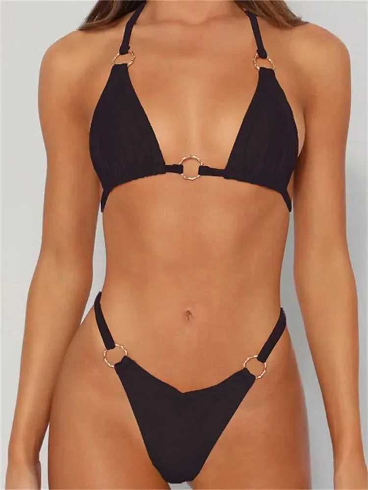 Swimwear pour femmes Micro Bikini 2024 Femmes Black Black Ring Linked Hollow Out Push Up Up Up Swimsuit Summer Bathing Fissure Extreme Swimwear Beachwear Y240429