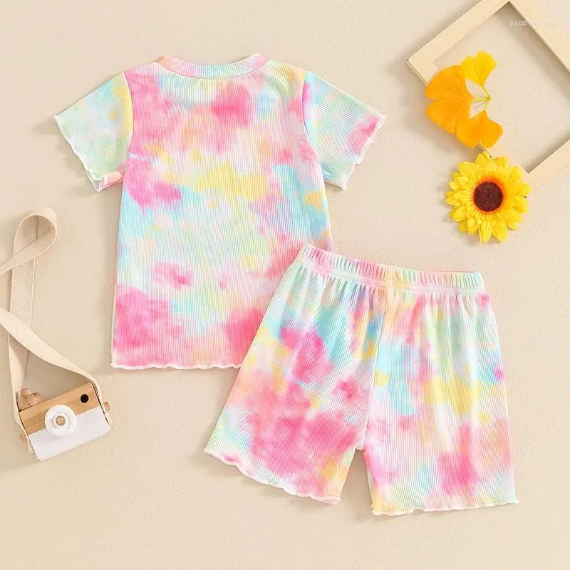 Roupas conjuntos de kupretty infantil menina menina roupas de verão comprovadas com nervuras de t-shirt shorts de t-shirt shorts fofos