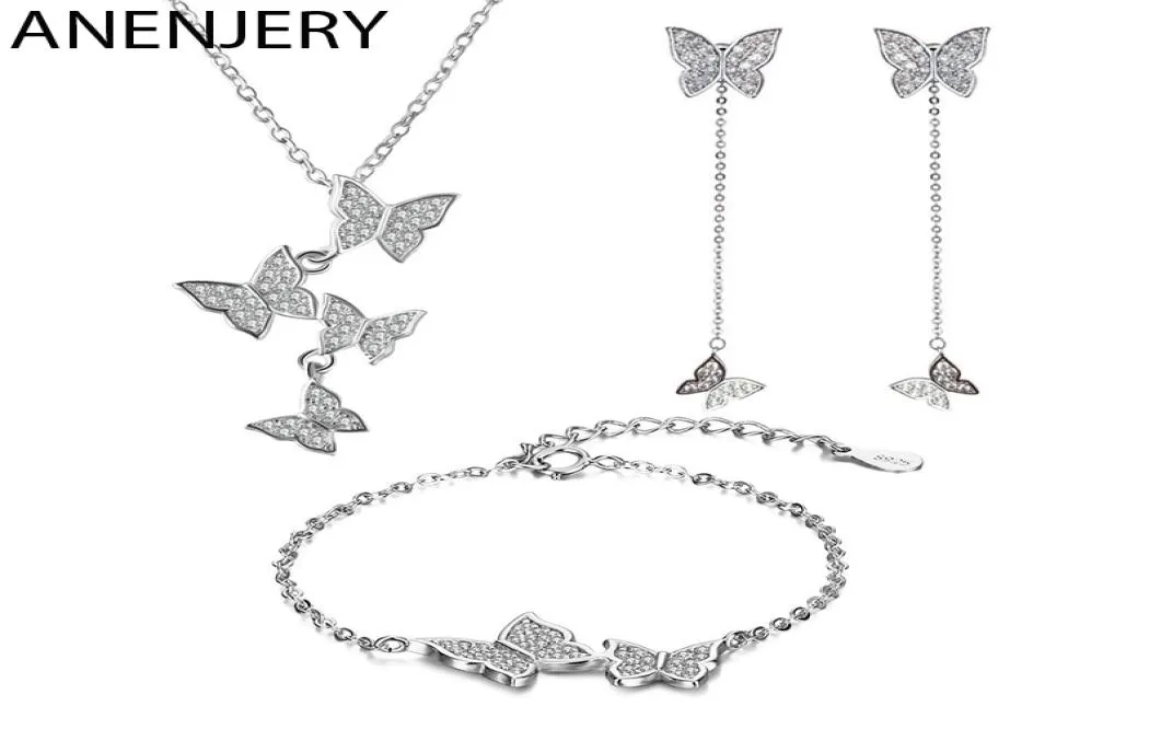 Anenjery Exquisite S925 Stamp Silver Color Micro Zircon Butterfly Tassel NeckLaceEarringBracelet for Women Jewelry Sets 2009233190803