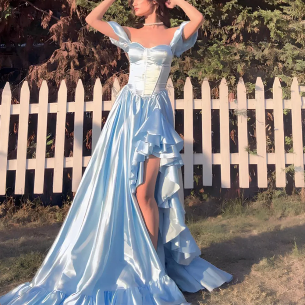 green emerald velvet dress Simple Satin Spaghetti Straps Pleated Square Neck Prom Dress PSK635 US2 / Blue