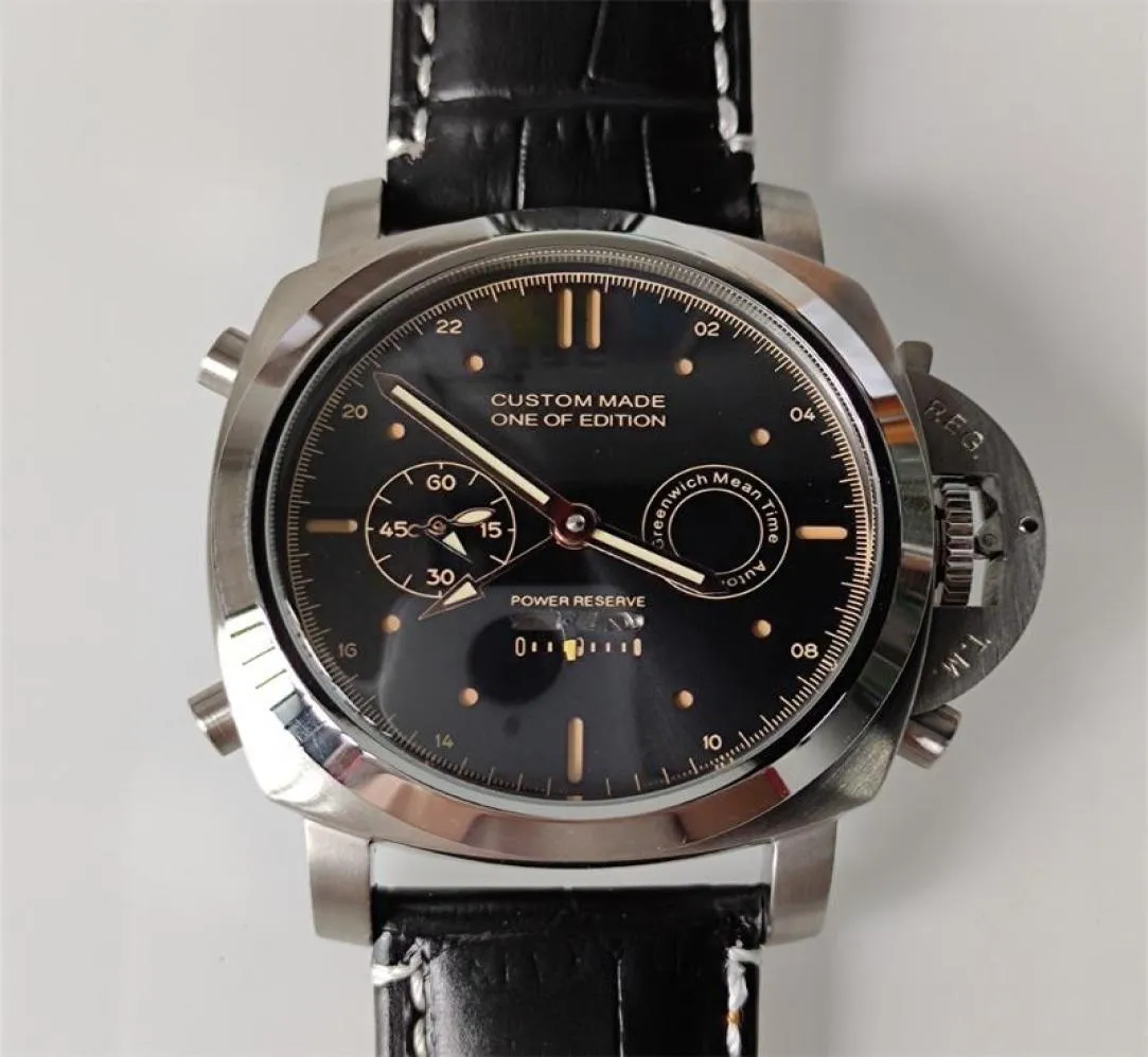 44 -миллиметровые военные автоматические механические часы для мужчин датируются силовой резерв из нержавеющей стали Кожаные световые часы P18.