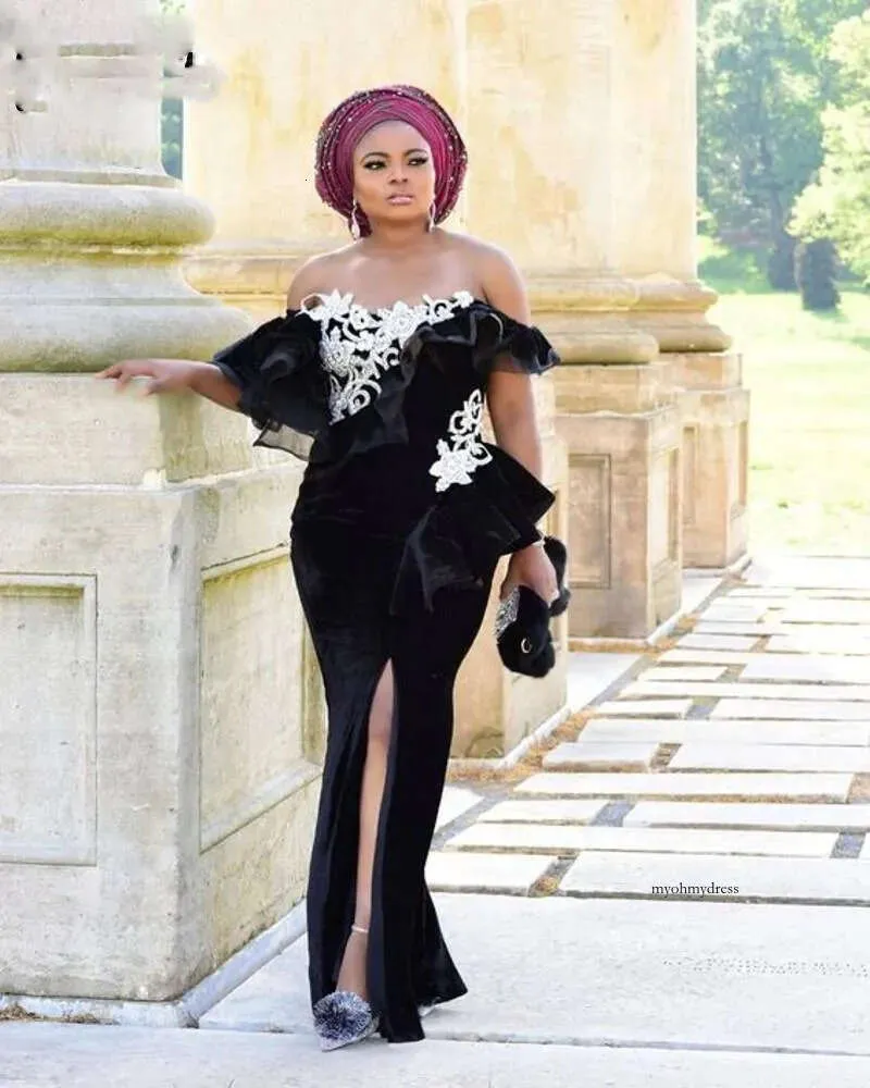 Aso ebi afrykańskie czarne mermiada sukienki wieczorne koronkowe aplikacje z udziałem ramion dzielone suknie balowe dla kobiet impreza formalna sukienka na zamówienie 0430