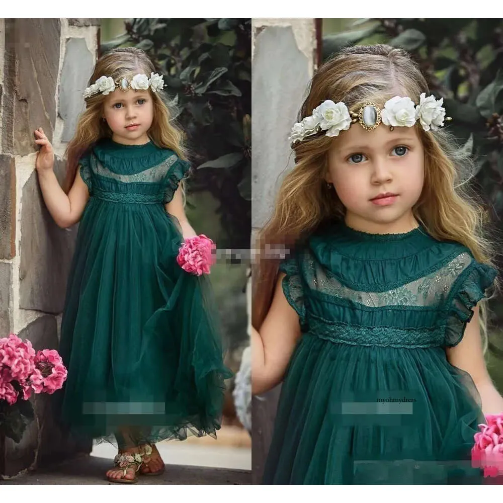 Novo vintage verde escuro, adorável flor, meninas para casamentos jóia de jóia apliques de babados em camadas de tule no tornozelo