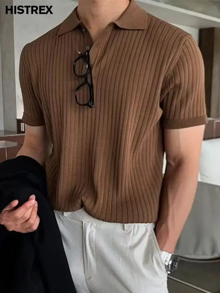 Herren Luxus gestrickt Polo Shirtcasual Striped Solid Button Up Poloshirtshort Sleeve Männliches T-Shirt Topskorean Plain Kpop Kleidung 240415