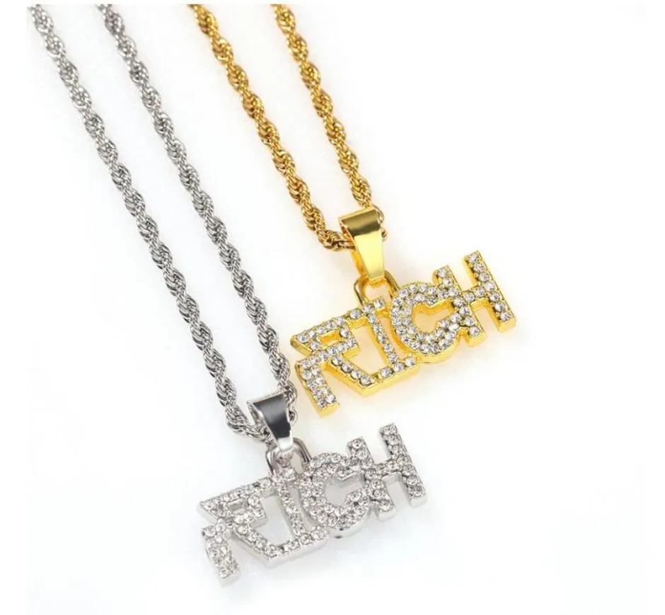 Hip Hop Lettter Rich Pendant -kettingen voor mannen WomenLuxury ketting sieraden Gold vergulde koperen zirkonen Cuban Chain8179583