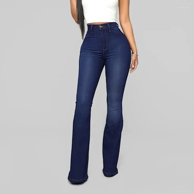 Jeans femminile blu scuro donne svasate in giro per la vita in jeans pantaloni streetwear pantaloni sling slip stivale white stivale taglio