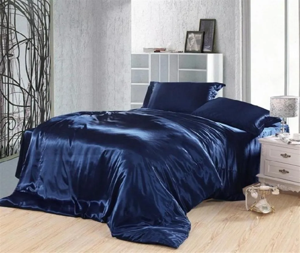 Ensemble de literie bleu foncé Silk Satin Super King Size Double ajusté draps de couette couche à couette couette