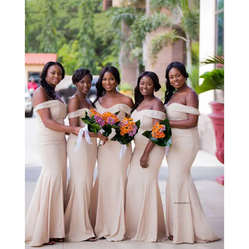 Beige Off-Shoulder Mermaid Bridesmaid Dresses, Sleeveless Floor