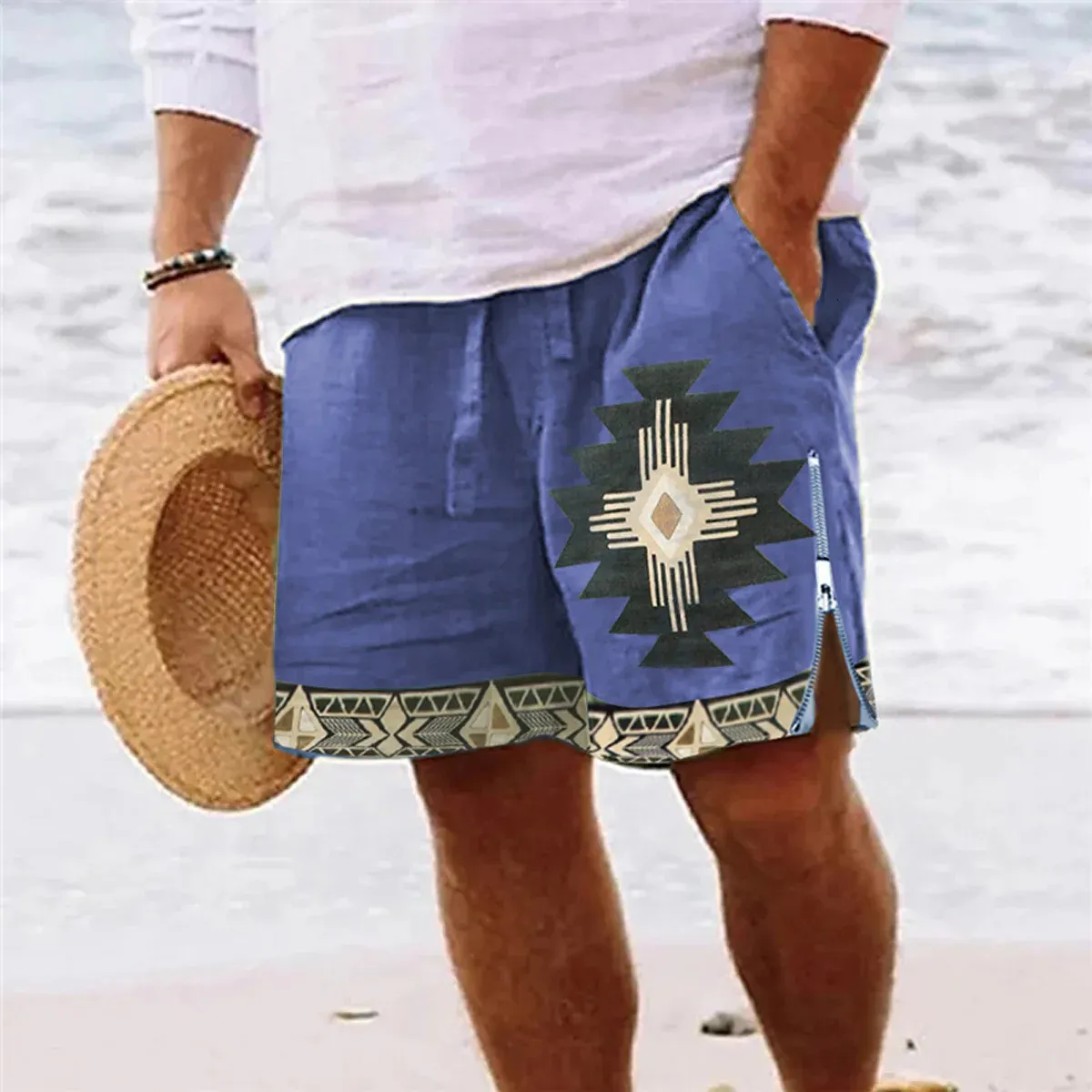 OldyanUp Men Shorts gráficos vintage 100% algodão lateral com zíper lateral do joelho de verão curto moda casual calça 240424