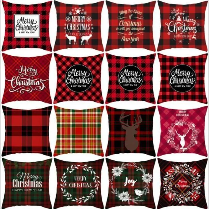 Christmas Pillow Covers Red Plaid Elk Throw Pillow Case Square Sofa Pillowcase Plaid Printing Couch Cushion Cover Christmas Decor3406797