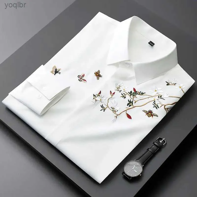 T-shirts voor heren 2023 Nieuwe lente/zomer high-end chinoiserie geborduurde polo lange mouw slanke fit casual zakelijke heren casual shirtl2405