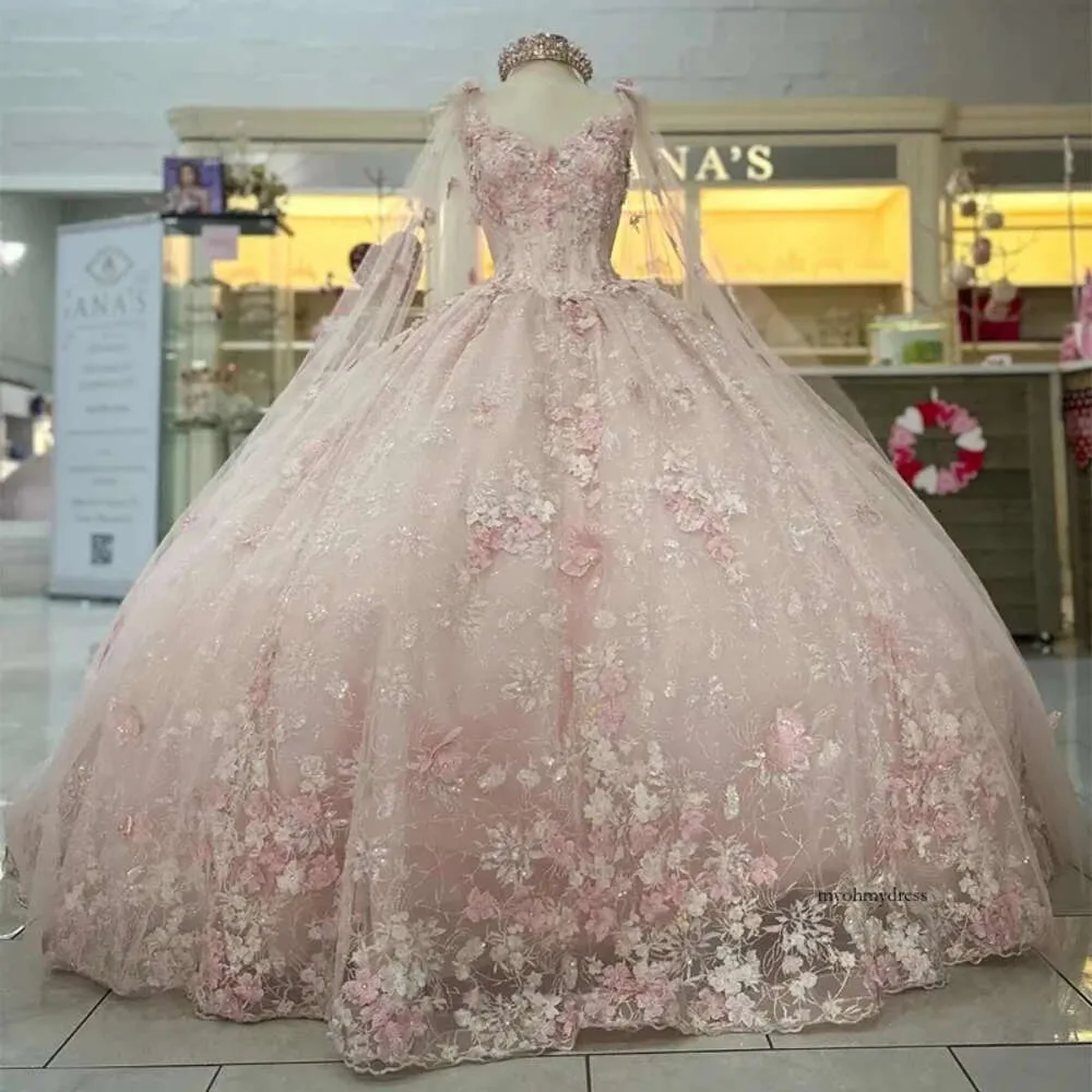 Pembe prenses tatlım balo elbisesi quinceanera elbise ile cape boncuklu aplikeler 3dflower Tull parti elbiseleri vestidos de 15 anos 0431