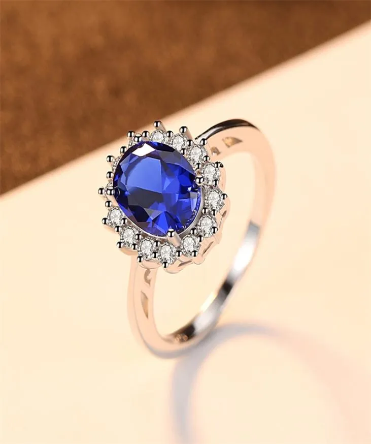 Skapad blå Sapphire Ring Princess Crown Halo Engagement Wedding Rings 925 Sterling Silver Rings for Women 2021 1227 T251059838887140