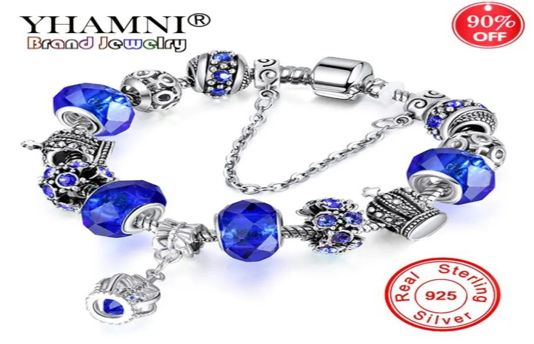 YHAMNI Original 925 Silver Crown Pendant Charm Bracelets Female New European Style Crystal Beads Bracelet For Women Jewelry Gift S3762100