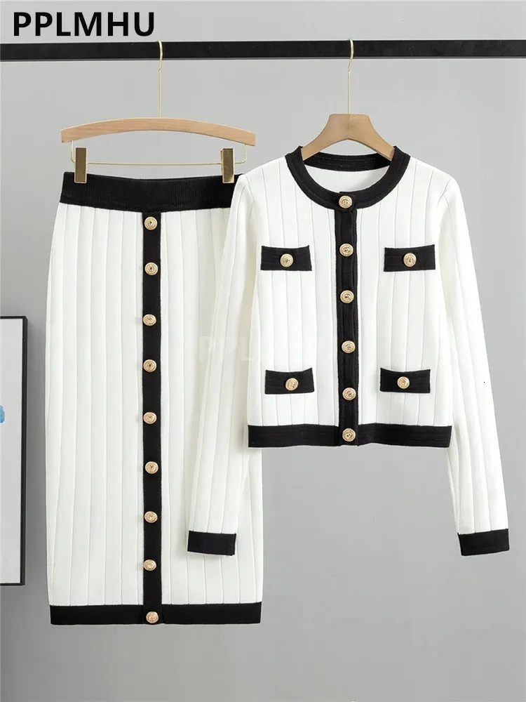 Les jupes en tricot vintage coréen sets des femmes Slim O-leck Pull court cardigan 2 pièces Button chic MALHAS FALDAS Conjunto 240428
