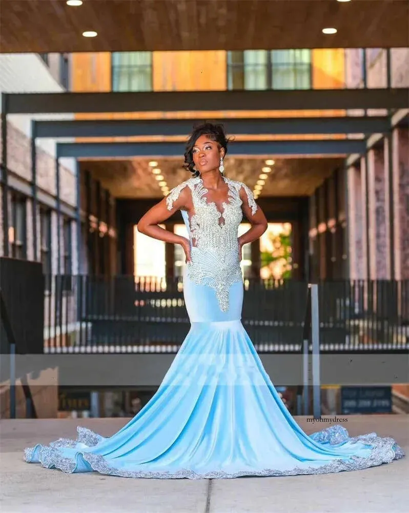 DHgate Long Sky Blue Prom Dresses 2024 with Diamonds Rhinestones for Black Girls Wedding Party Events