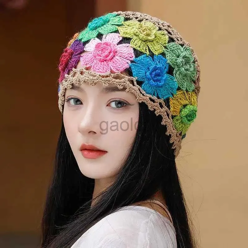 Beanie/Skull Caps Japanese Spring Summer Literary and Artistic Colorful Flower Hollow Bag Head Hat Women Sweet Fashion Hand-crocheted Beanie Cap d240429