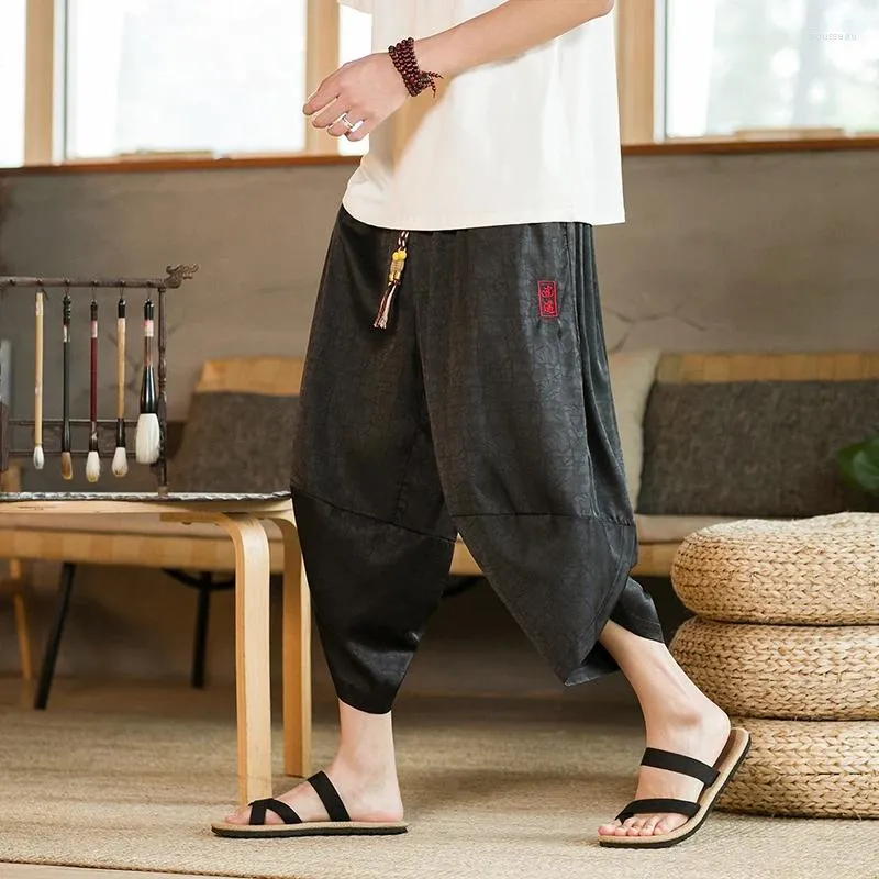 Herr shorts is siden byxor män japanska samurai lösa casual harajuku kalv-lenght retro yukata breda benbyxor streetwear
