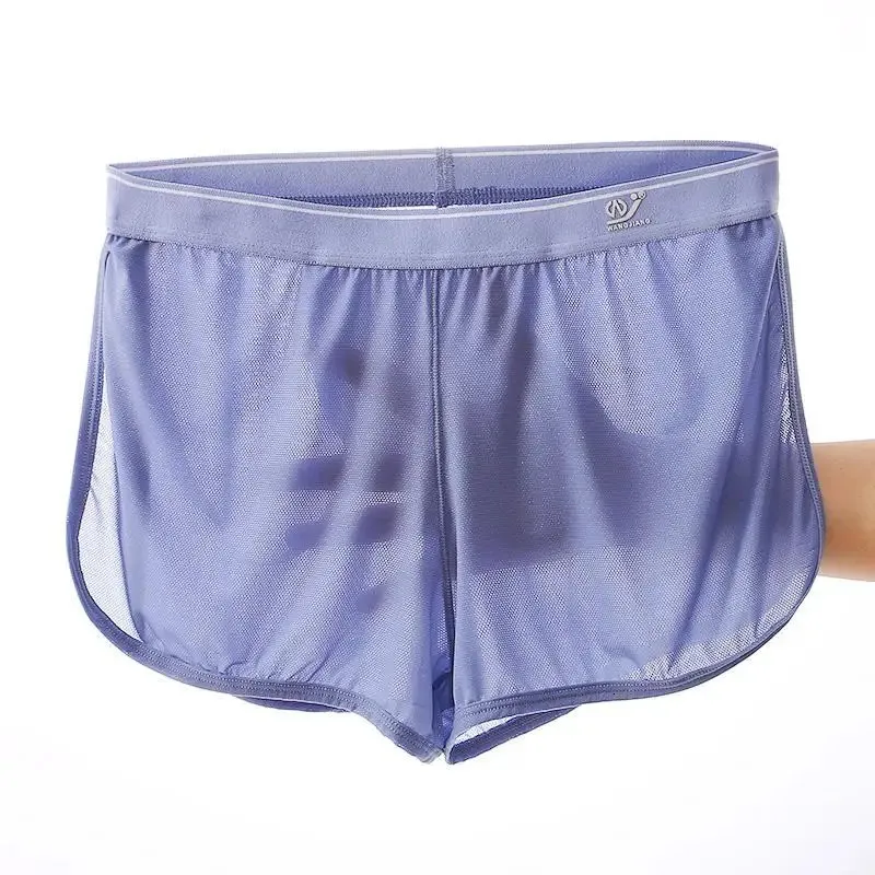 WJ Sexy Sleep Bottoms Men Shorts Ice Silk Mesh Ademende ondergoed Boxers Transparante slijtage 240419